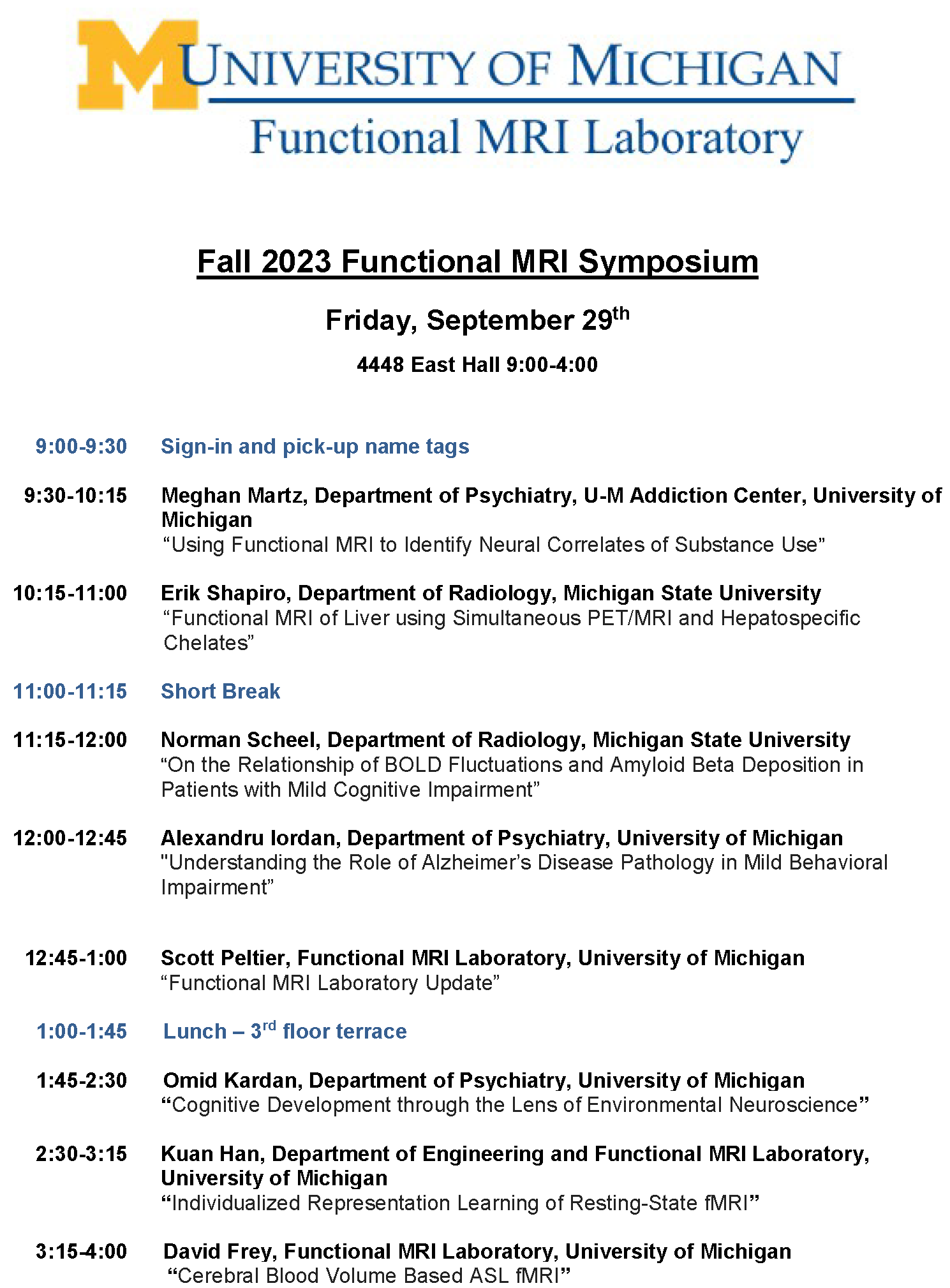 Fall 2023 Functional MRI Symposium Michigan Neuroscience Institute